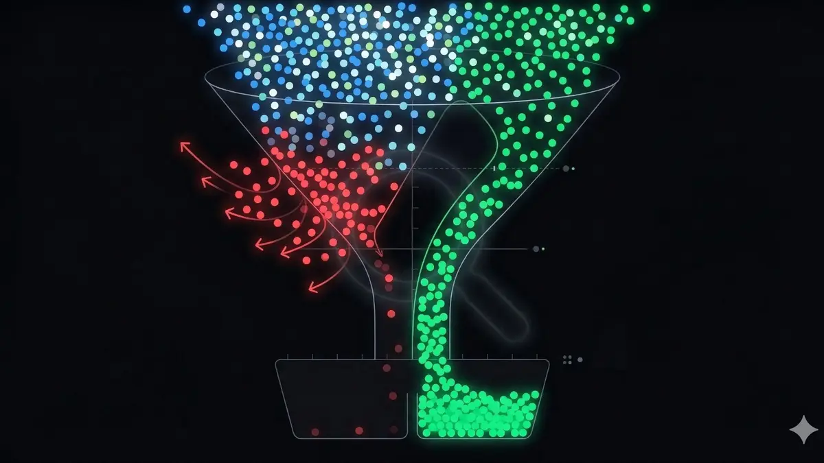 Conversion funnel showing slow sites losing visitors as red bouncing dots while fast sites retain green dots through to conversion