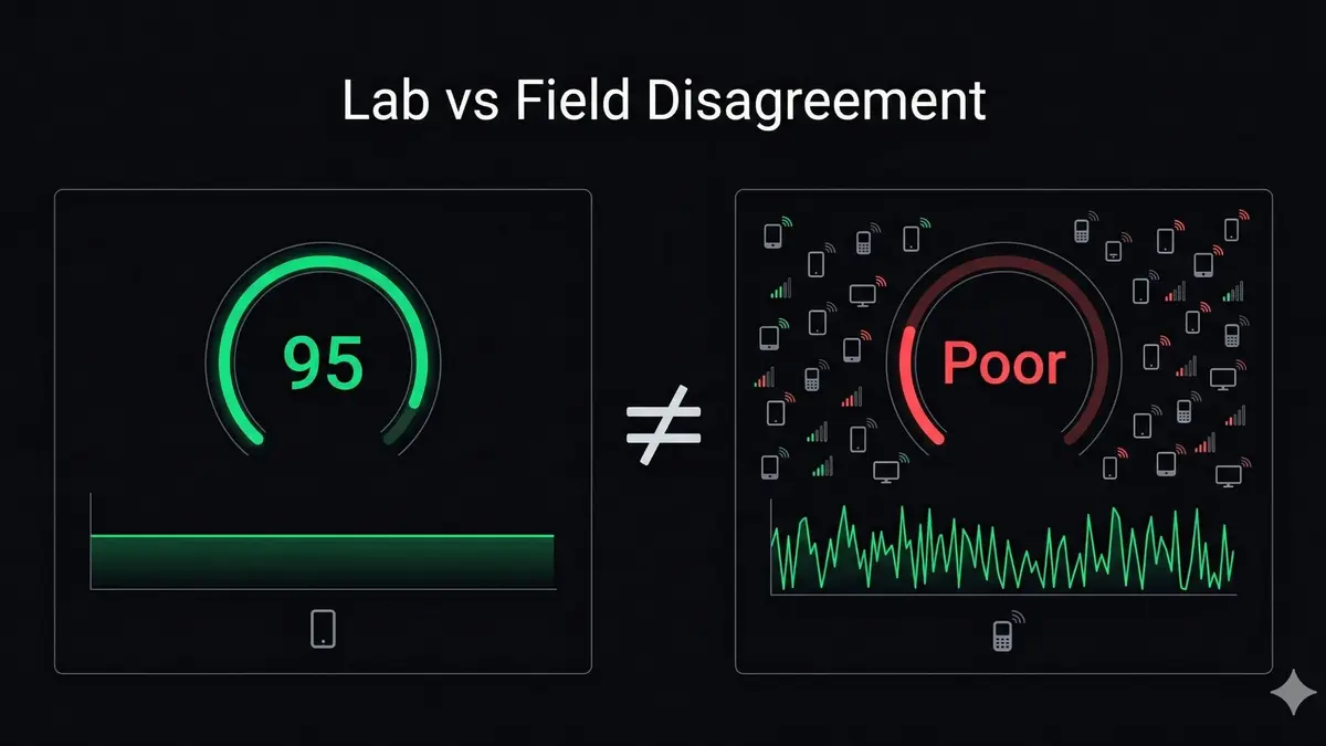 Lab test showing green score of 95 not equal to field data showing Poor Core Web Vitals from diverse real-world devices