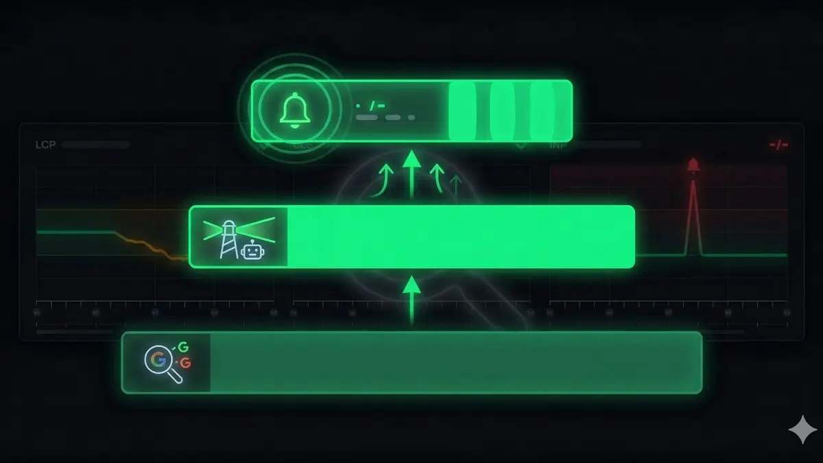 Three-tier monitoring architecture with Search Console field data at the base, synthetic Lighthouse testing in the middle, and real-time alerts at the top