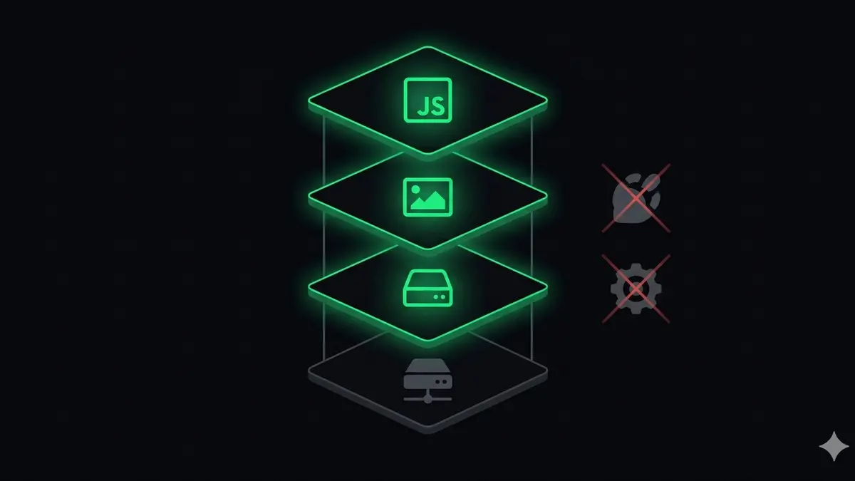Minimal effective plugin stack with four green layers for caching, images, JS management, and server foundation, with redundant plugins crossed out in red