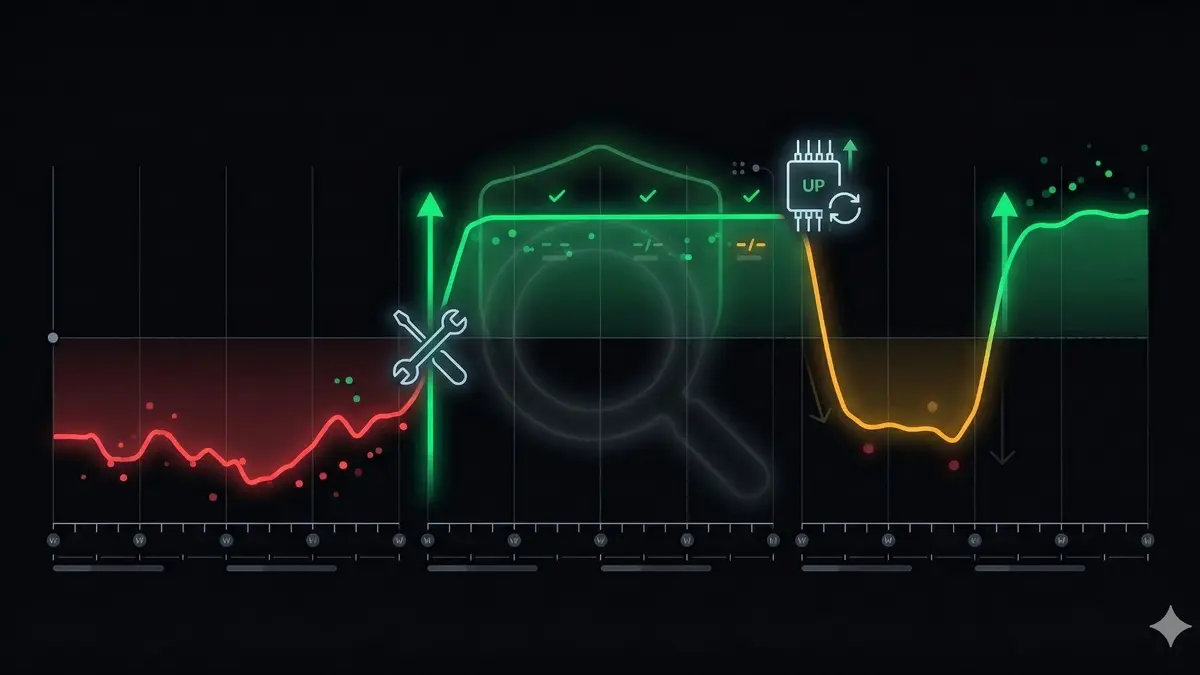 Performance timeline showing initial poor score in red, optimisation fix to green, plugin update causing regression to amber, then monitoring-triggered recovery back to green