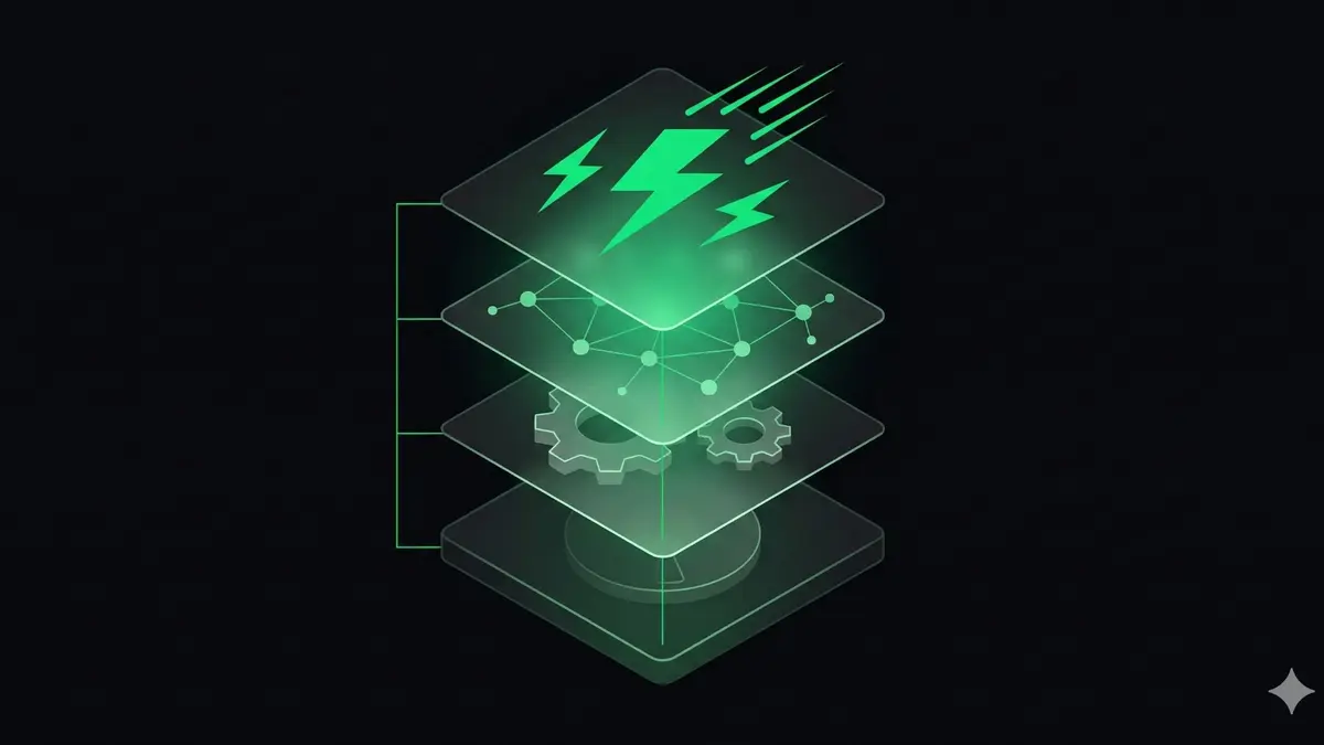 Four-layer server performance stack showing SSD storage, PHP engine, Redis object cache, and Nginx cache layer building upward