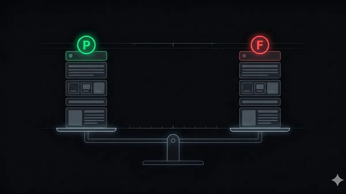 Balanced scale with equal content stacks on both sides — the side with passing Core Web Vitals tips slightly higher while the failing side drops
